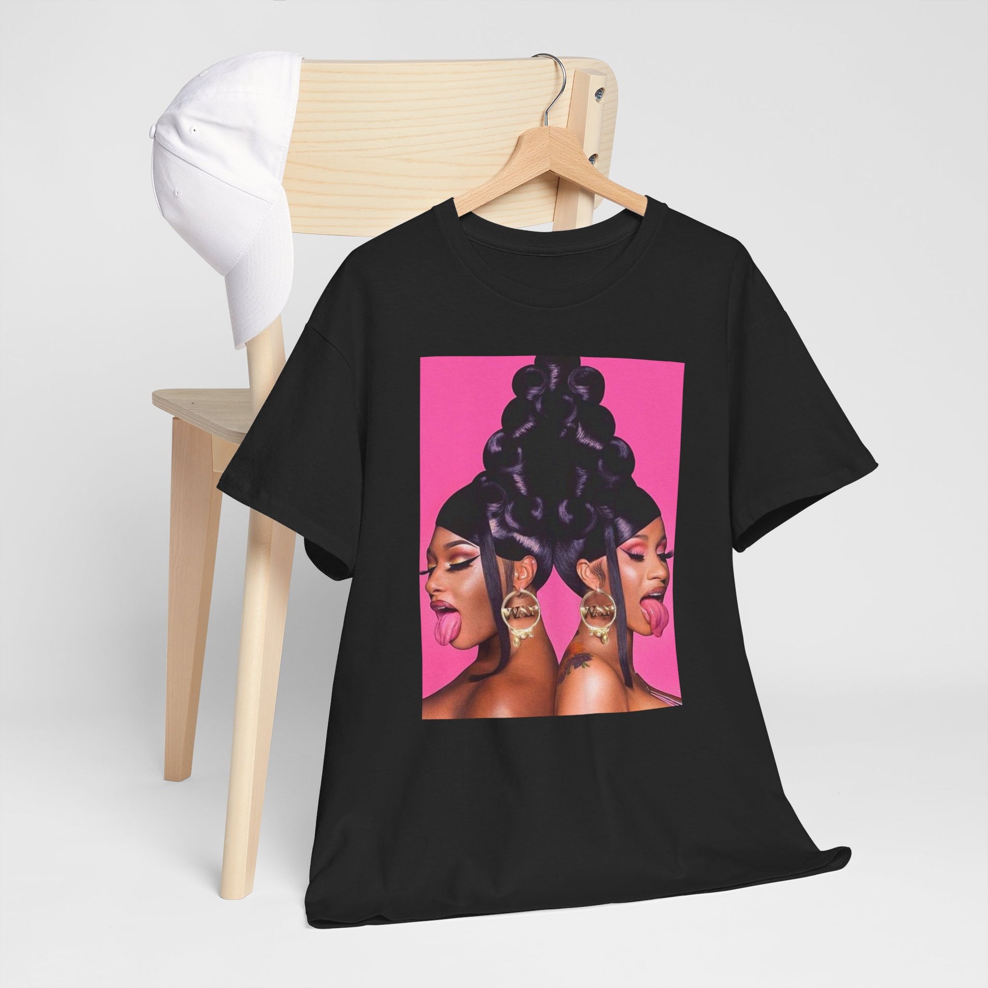 A black graphic t-shirt featuring a graphic of Megan Thee Stallion with rap vibes.