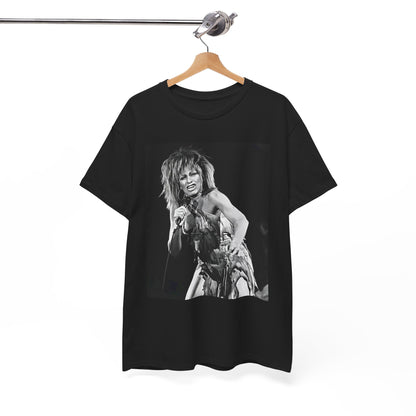 A black graphic t-shirt featuring a graphic of Tina Turner as an inspiring legend.