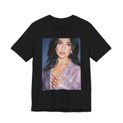 A black graphic t-shirt featuring a retro photo of Dua Lipa as a dance floor queen.