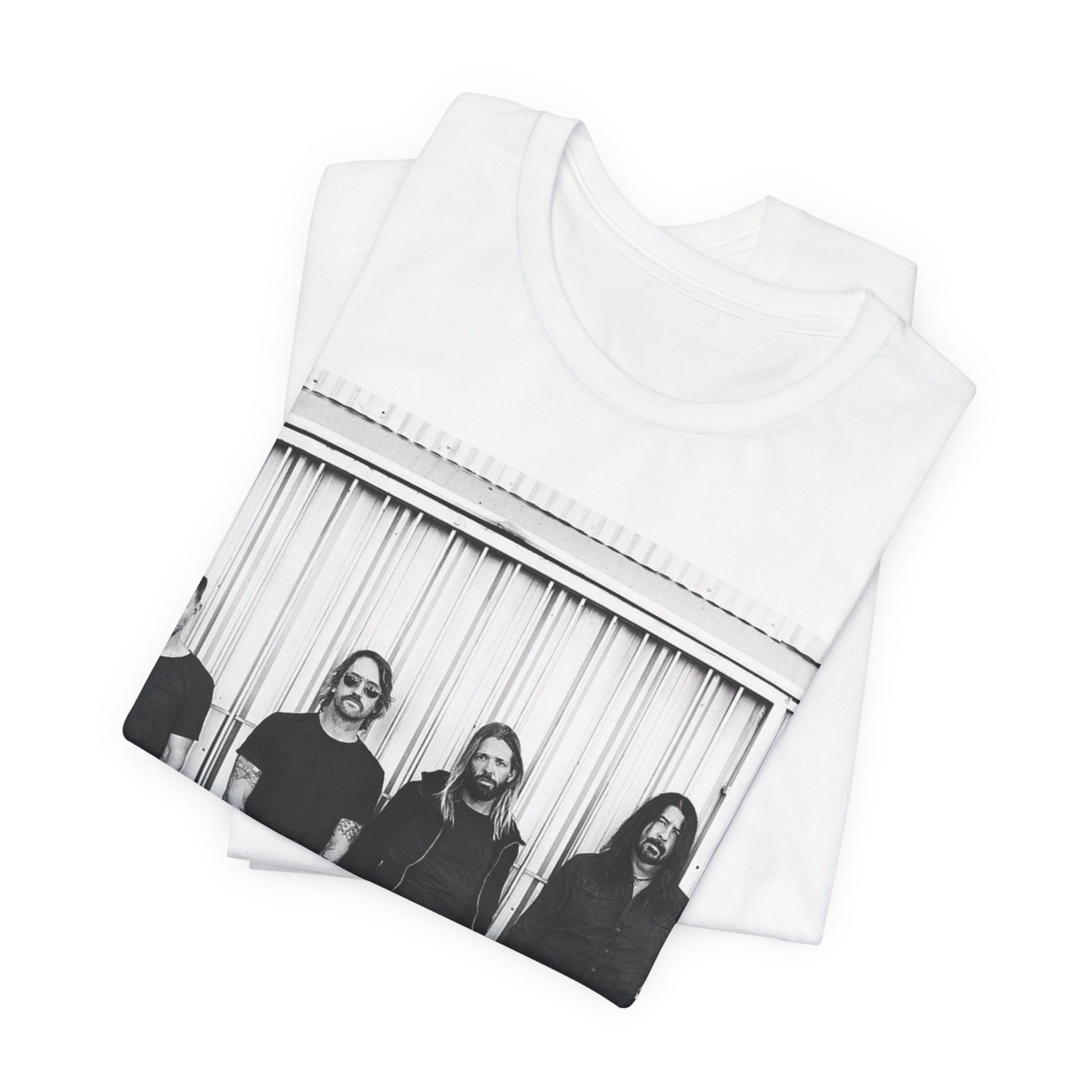 A black graphic t-shirt featuring a photo portrait of the band Foo Fighters.