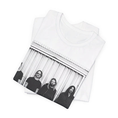 A black graphic t-shirt featuring a photo portrait of the band Foo Fighters.