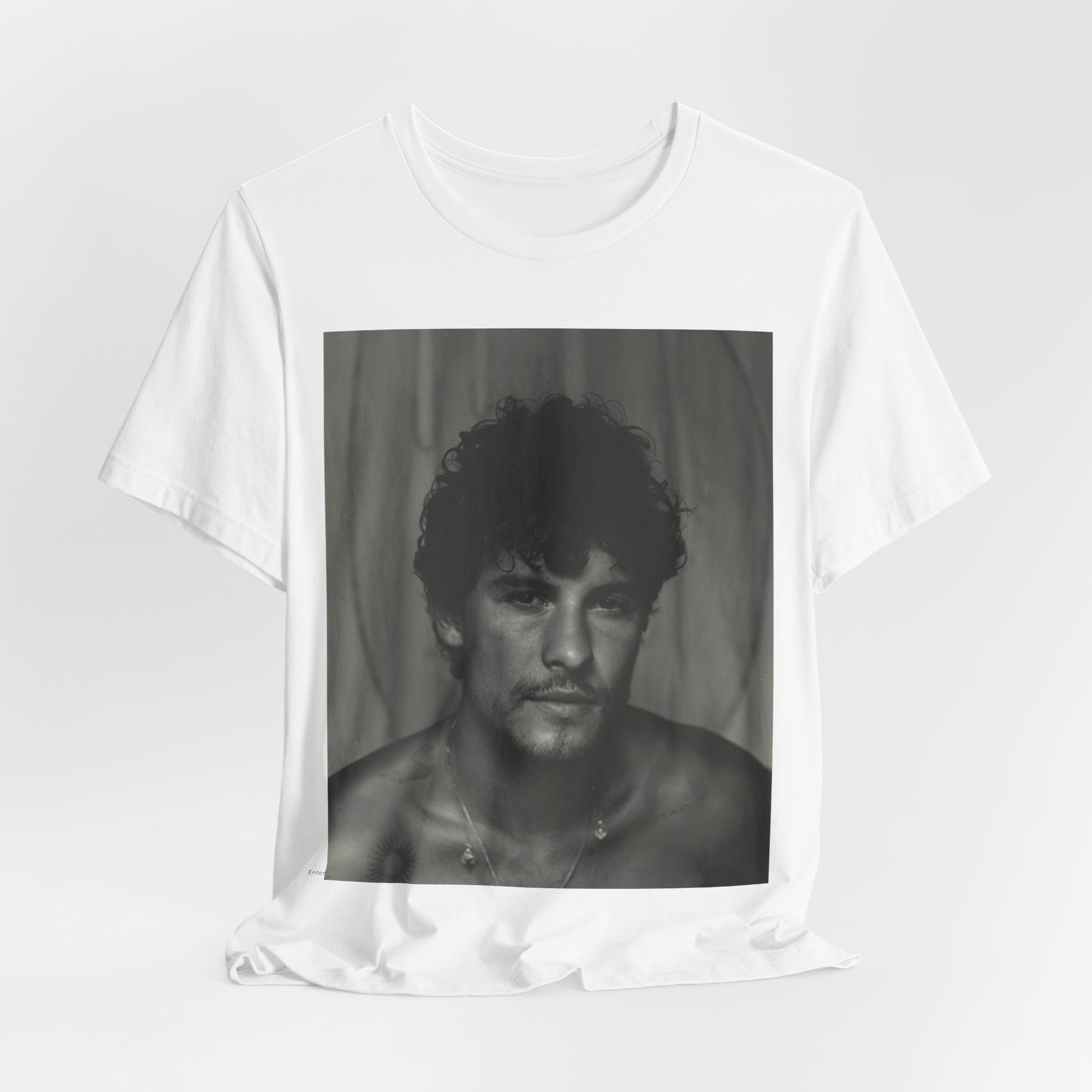 A black graphic t-shirt featuring a fearless portrait graphic of Shawn Mendes.