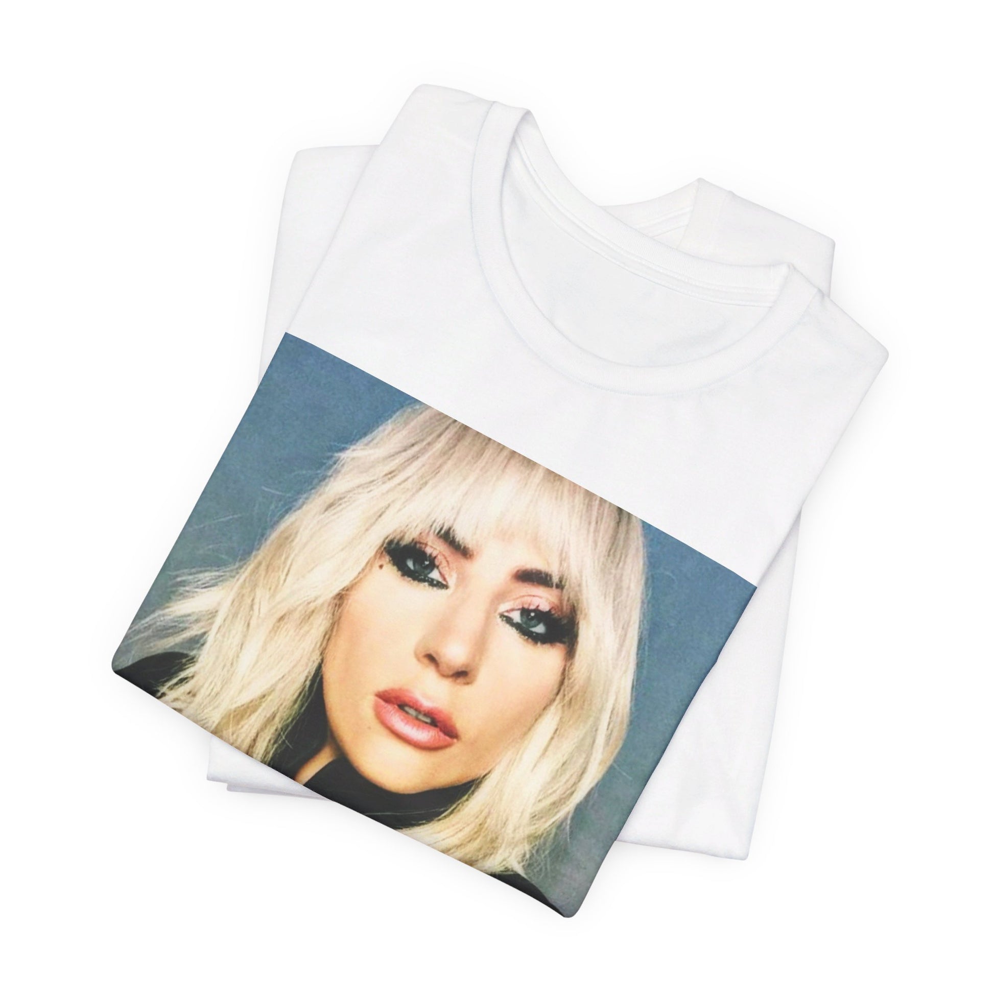 A black graphic t-shirt featuring a casual pop fan graphic of Lady Gaga.