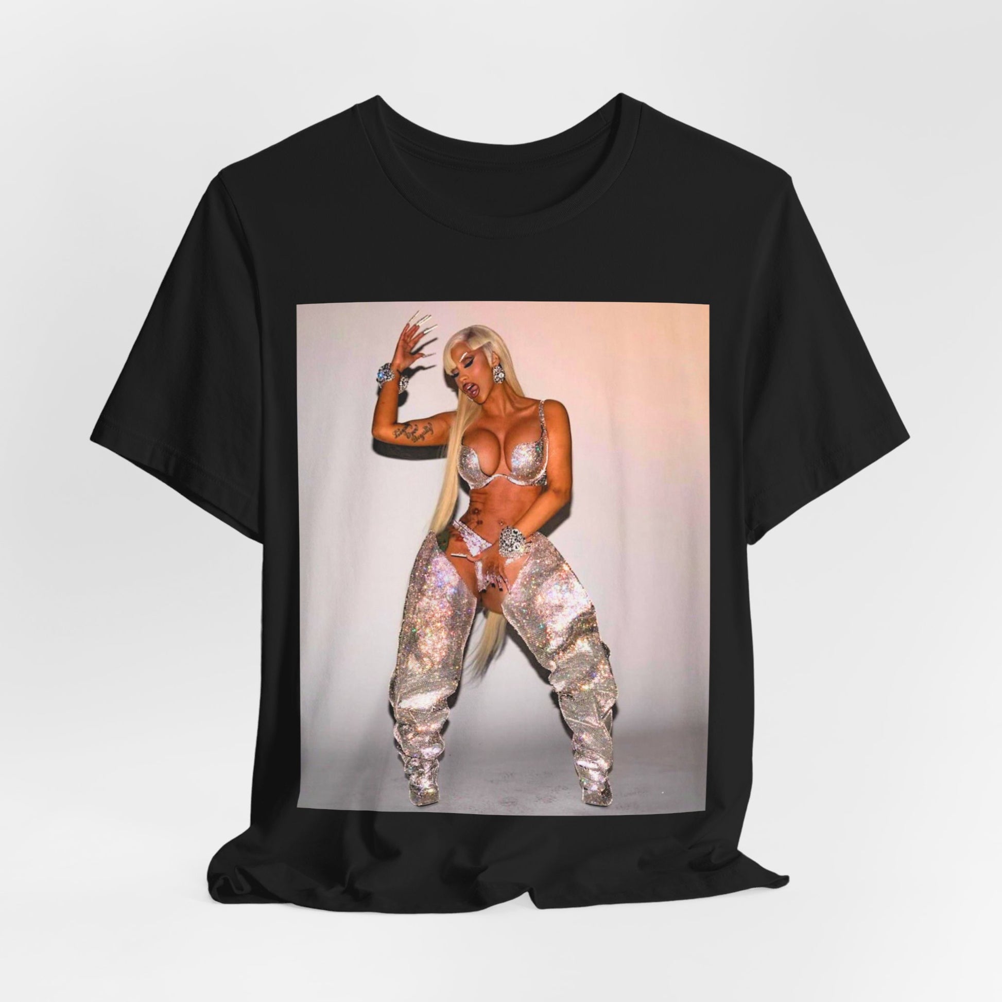 A black graphic t-shirt featuring a vintage graphic of Cardi B as a 'Bronx Queen' or rap icon.