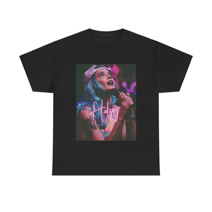 A black graphic t-shirt featuring a graphic related to Halsey's 'Badlands' album era.