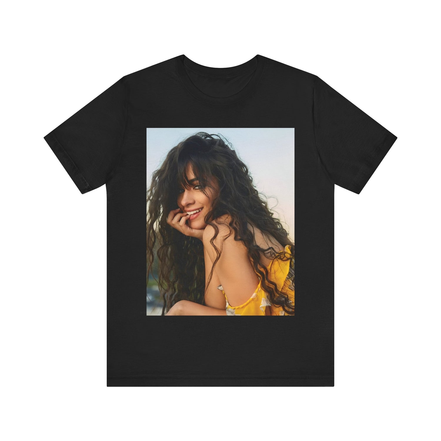 A black graphic t-shirt featuring a graphic inspired by Camila Cabello's "Don't Go Yet" song or era.