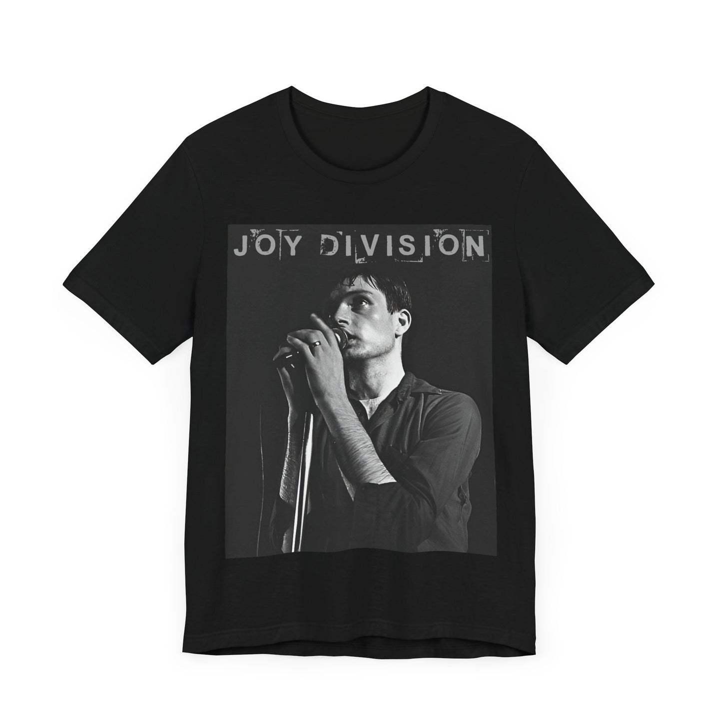A black graphic t-shirt featuring an 80s goth rock aesthetic graphic of Joy Division.