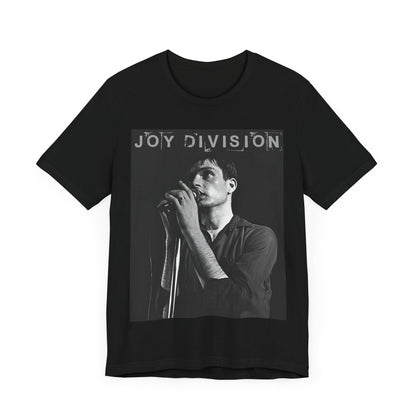 A black graphic t-shirt featuring an 80s goth rock aesthetic graphic of Joy Division.