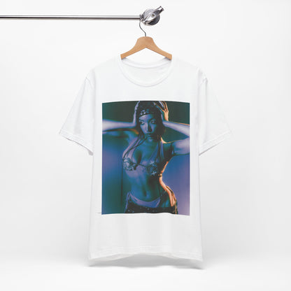 A black graphic t-shirt featuring a graphic of Tinashe as a choreography queen.