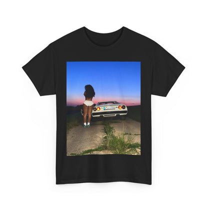 A black graphic t-shirt featuring a vintage alt R&B graphic of SZA.