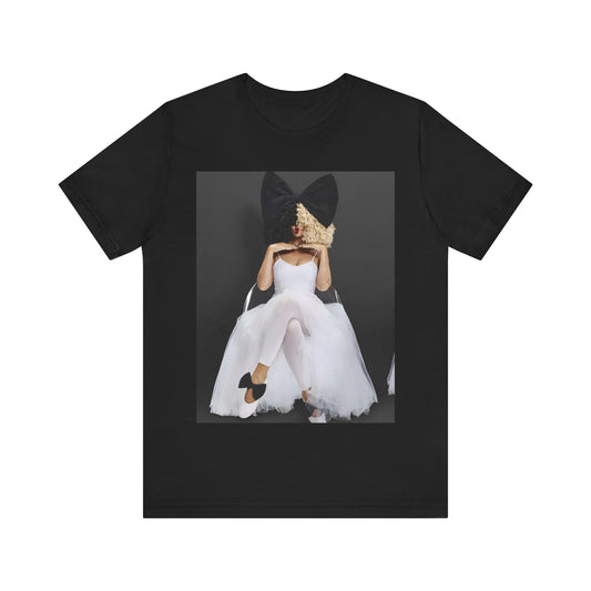A black graphic t-shirt featuring a graphic of Sia's iconic wig style.