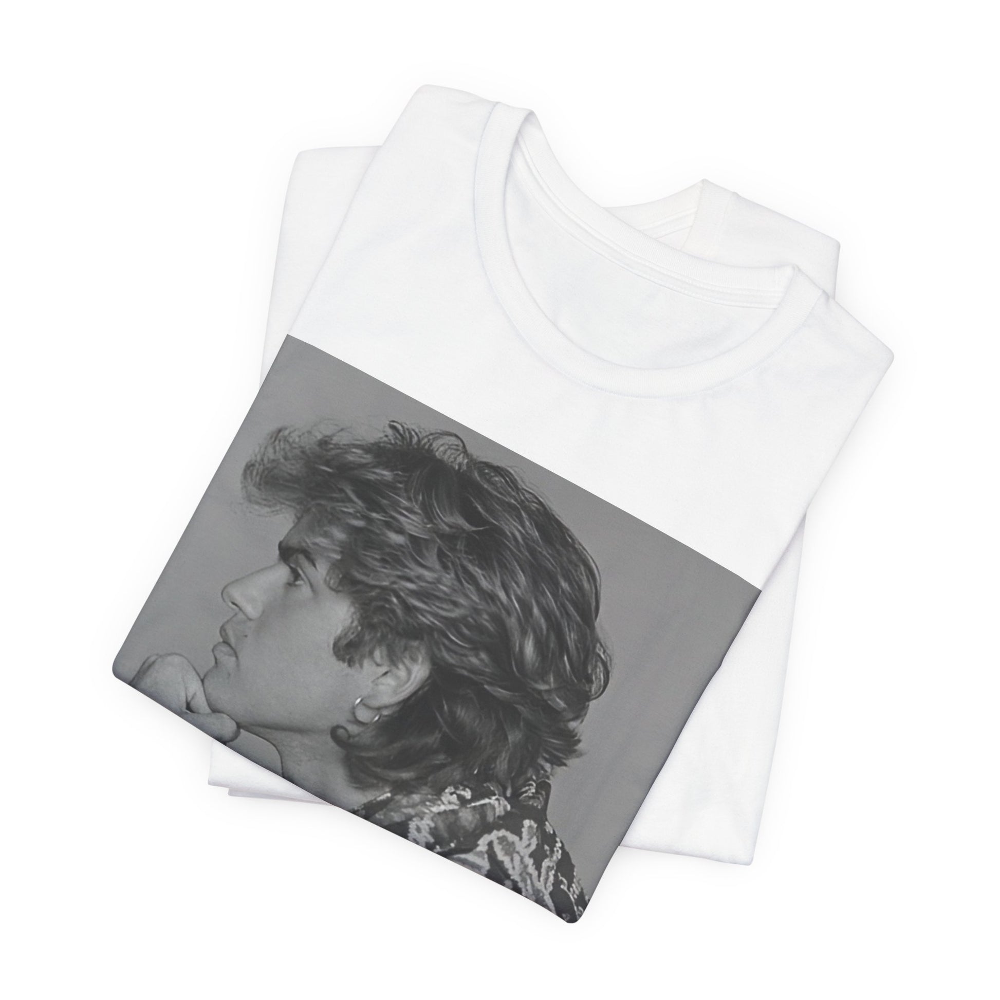 A black graphic t-shirt featuring a graphic of George Michael from his 80s Wham! era.