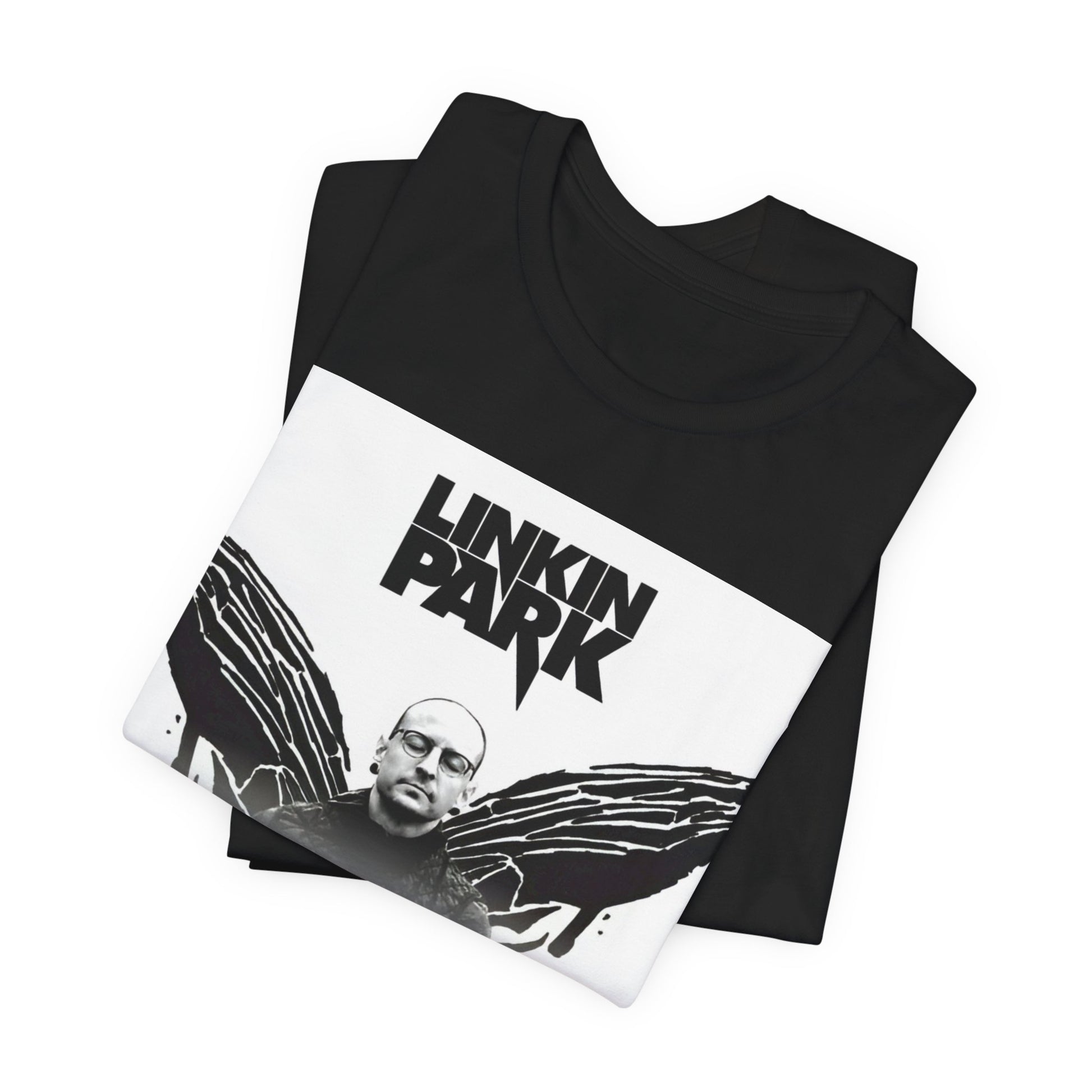 A black graphic t-shirt featuring a tribute graphic for Chester Bennington of Linkin Park.