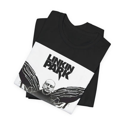 A black graphic t-shirt featuring a tribute graphic for Chester Bennington of Linkin Park.
