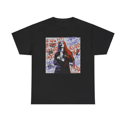 A black graphic t-shirt featuring a graffiti art style illustration of Ava Max.