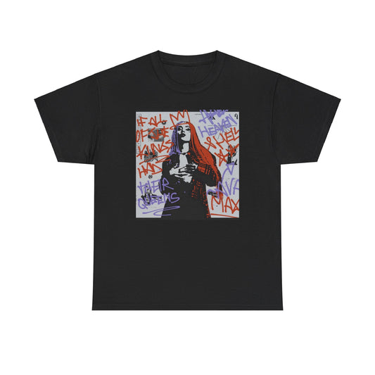 A black graphic t-shirt featuring a graffiti art style illustration of Ava Max.