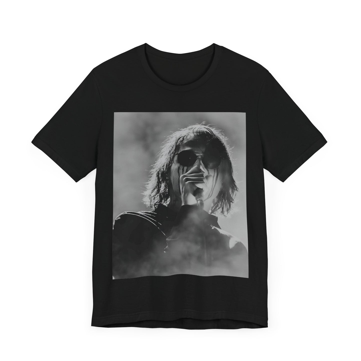 A black graphic t-shirt featuring a black and white, monochrome graphic or photo of My Chemical Romance.