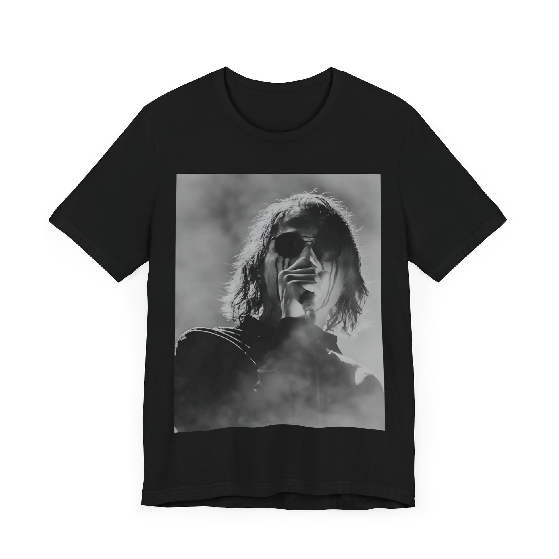 A black graphic t-shirt featuring a black and white, monochrome graphic or photo of My Chemical Romance.