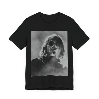 A black graphic t-shirt featuring a black and white, monochrome graphic or photo of My Chemical Romance.
