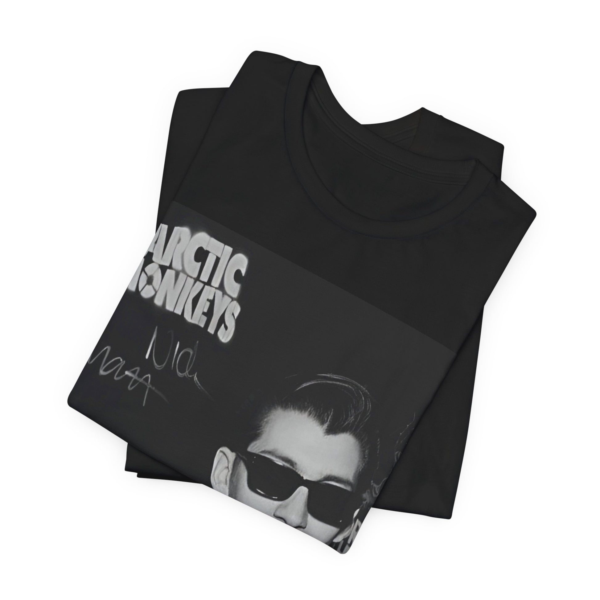 A black graphic t-shirt featuring a black and white portrait photo of Alex Turner from Arctic Monkeys, showing his signature look.