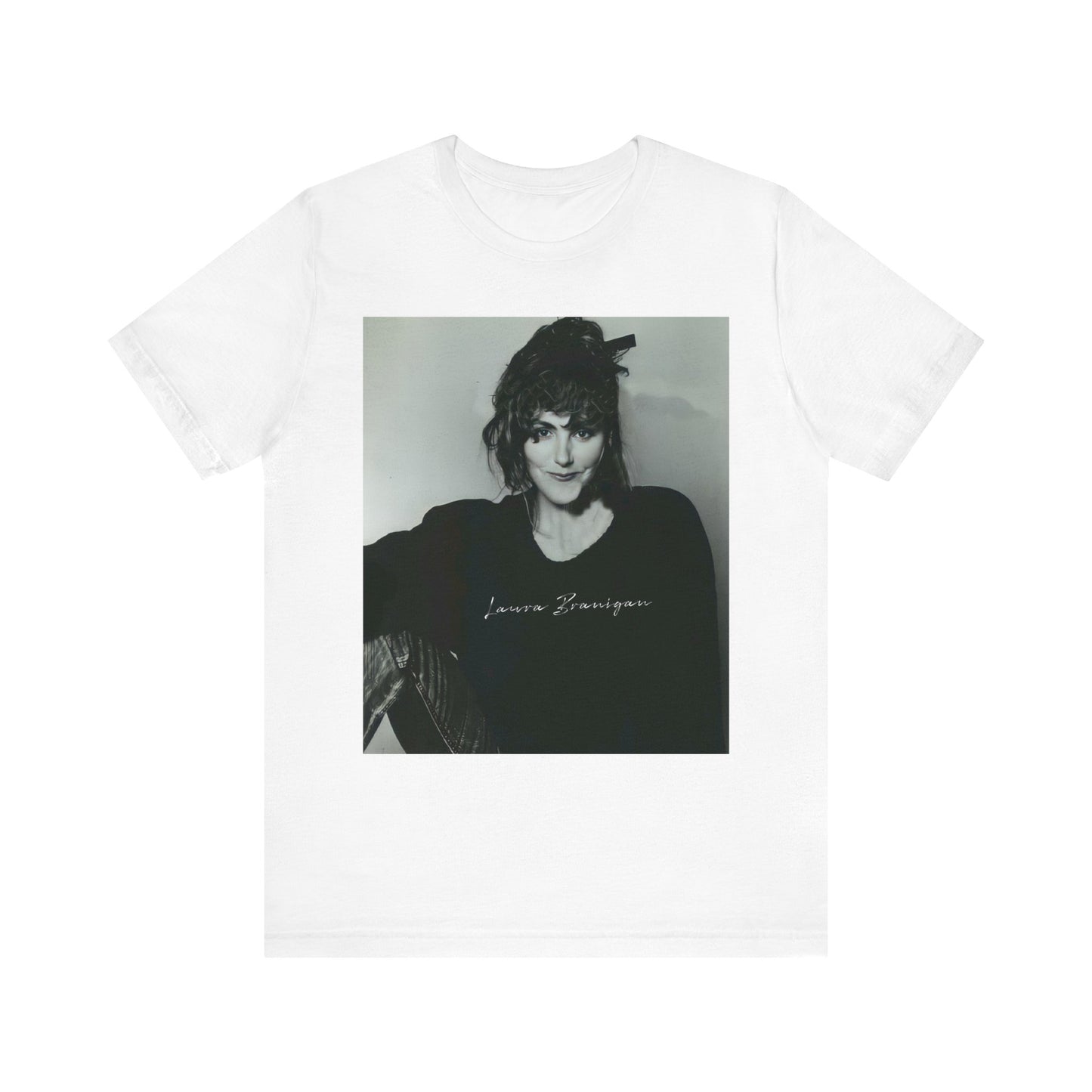 A black graphic t-shirt featuring a casual 80s pop fan graphic of Laura Branigan.