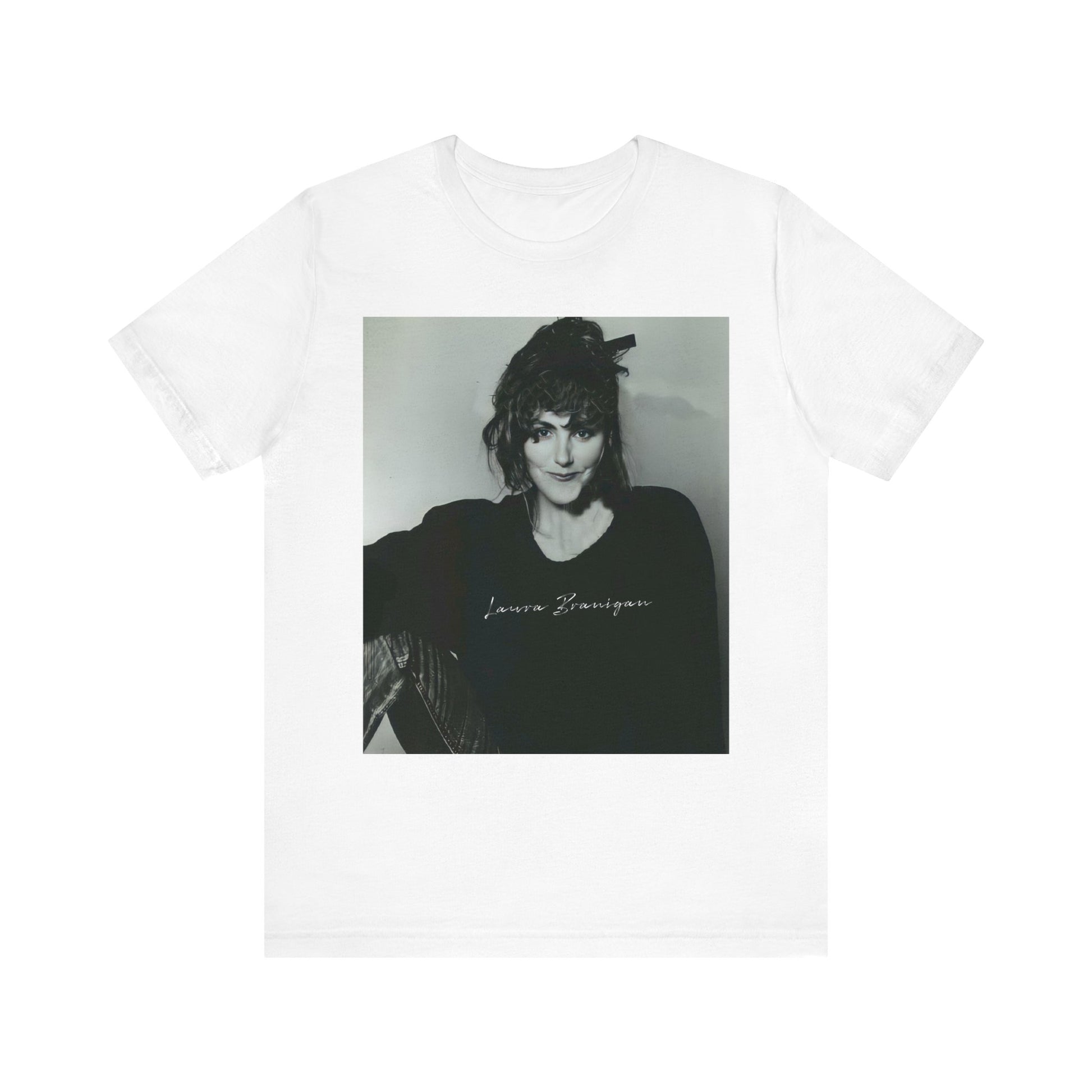 A black graphic t-shirt featuring a casual 80s pop fan graphic of Laura Branigan.