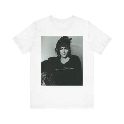 A black graphic t-shirt featuring a casual 80s pop fan graphic of Laura Branigan.