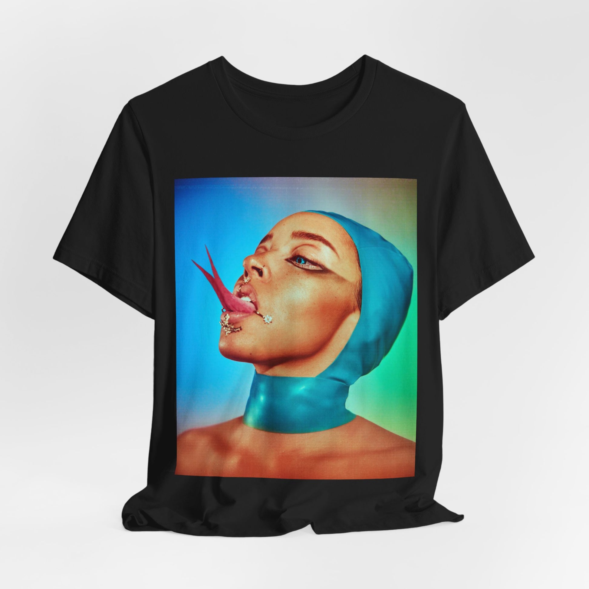 A black graphic t-shirt featuring a classic underground R&B graphic of Tinashe.