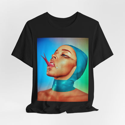 A black graphic t-shirt featuring a classic underground R&B graphic of Tinashe.