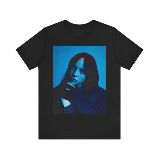 A soft, slightly blurred photo of Billie Eilish, evoking the dreamy and nostalgic feel of her song 'Ocean Eyes,' printed on a t-shirt.
