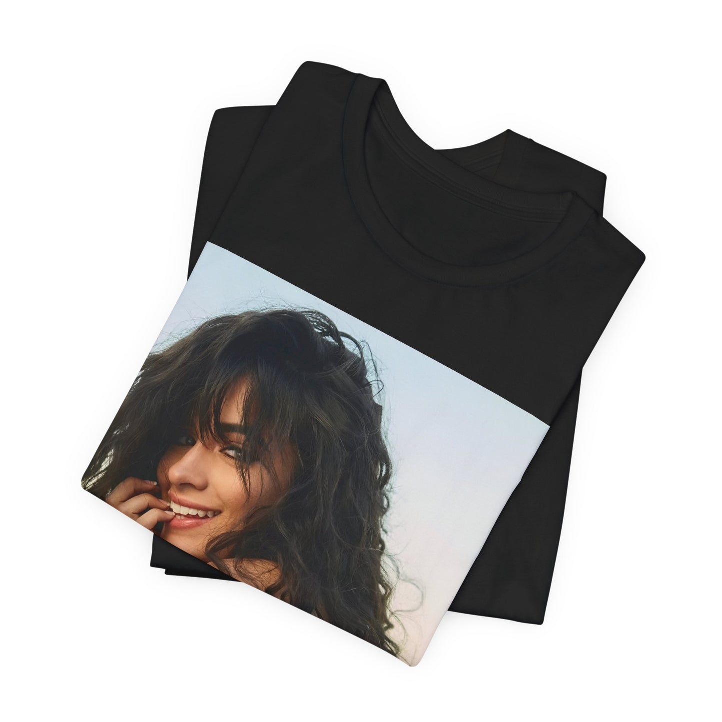 A black graphic t-shirt featuring a graphic inspired by Camila Cabello's "Don't Go Yet" song or era.
