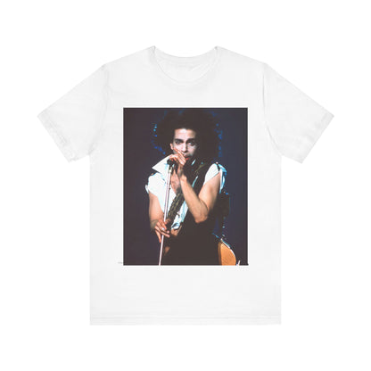 A black graphic t-shirt featuring a 90s live performance graphic of Prince.