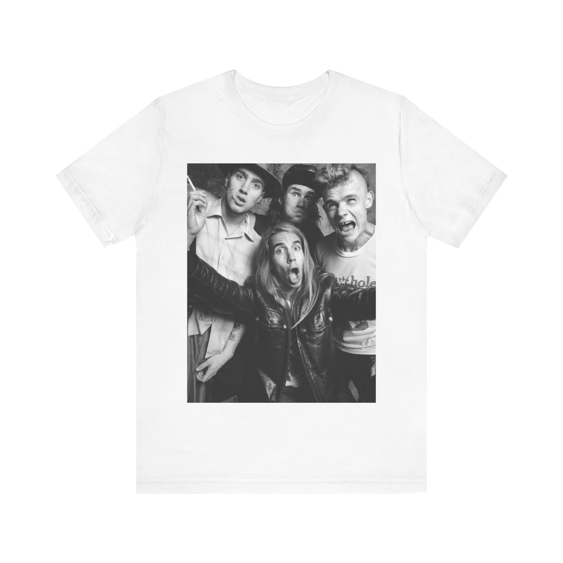 A black graphic t-shirt featuring an early days energy graphic of Red Hot Chili Peppers.