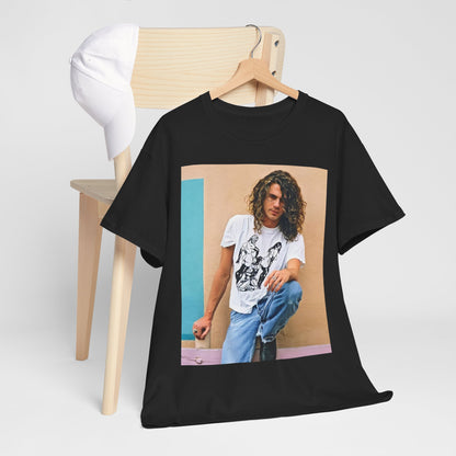 A black graphic t-shirt featuring a 90s chill retro rock graphic of INXS.