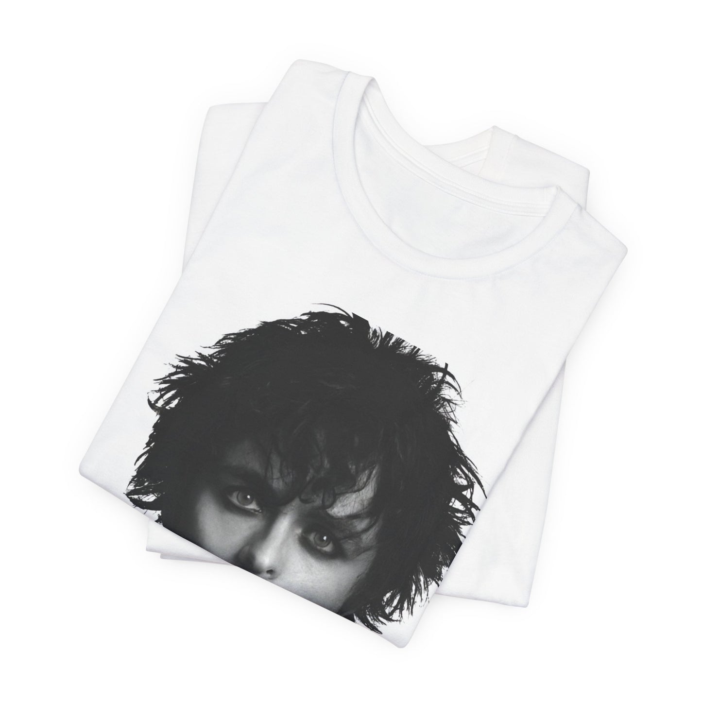 A black graphic t-shirt featuring a black and white portrait photo of Billie Joe Armstrong from Green Day.