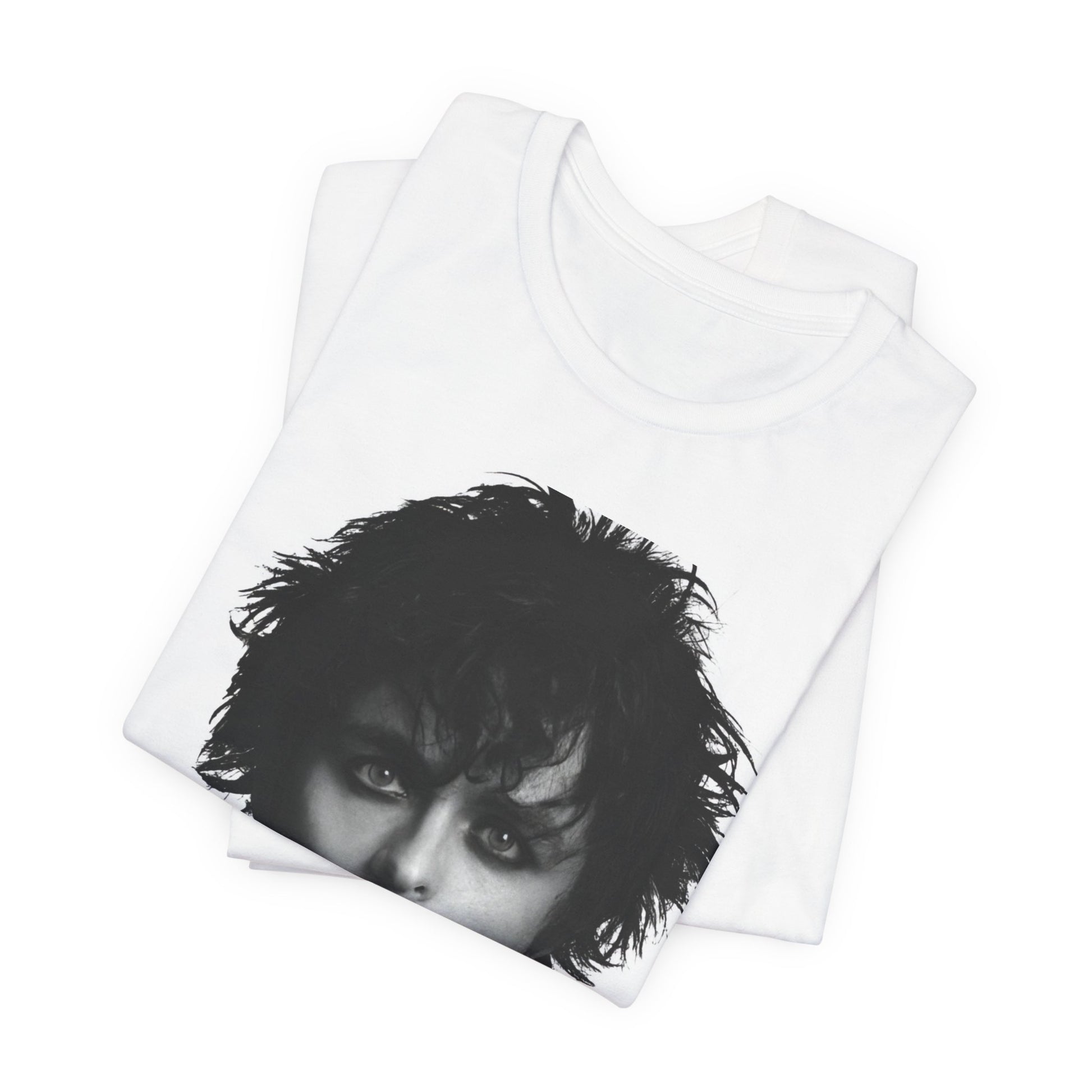 A black graphic t-shirt featuring a black and white portrait photo of Billie Joe Armstrong from Green Day.