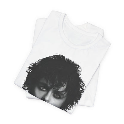 A black graphic t-shirt featuring a black and white portrait photo of Billie Joe Armstrong from Green Day.