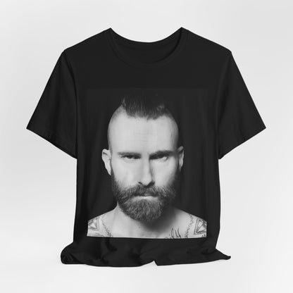 A sharp, polished studio portrait of Maroon 5 frontman Adam Levine, printed on a graphic t-shirt.