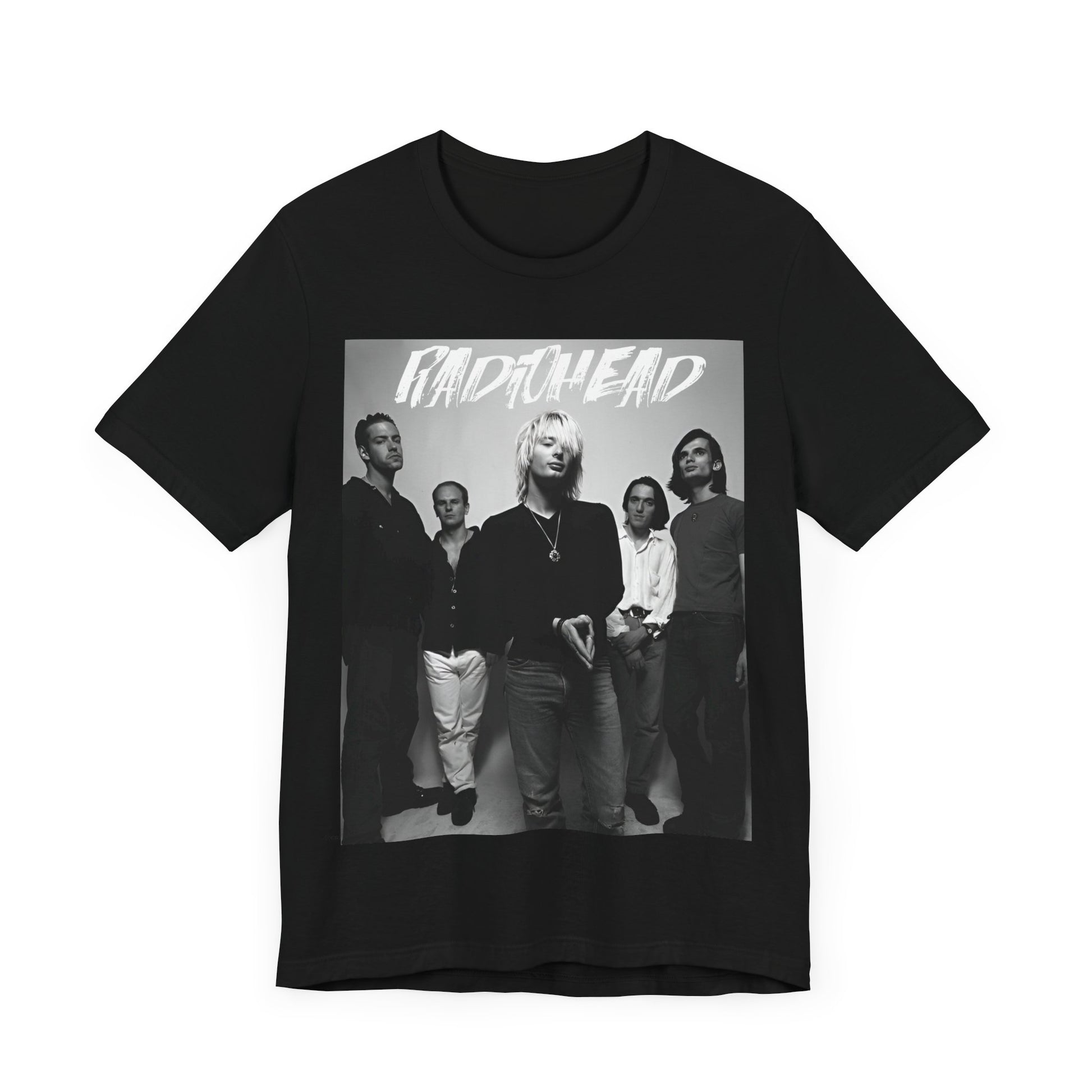 A black graphic t-shirt featuring a retro graphic related to Radiohead's 'OK Computer' album era.