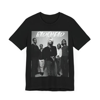 A black graphic t-shirt featuring a retro graphic related to Radiohead's 'OK Computer' album era.
