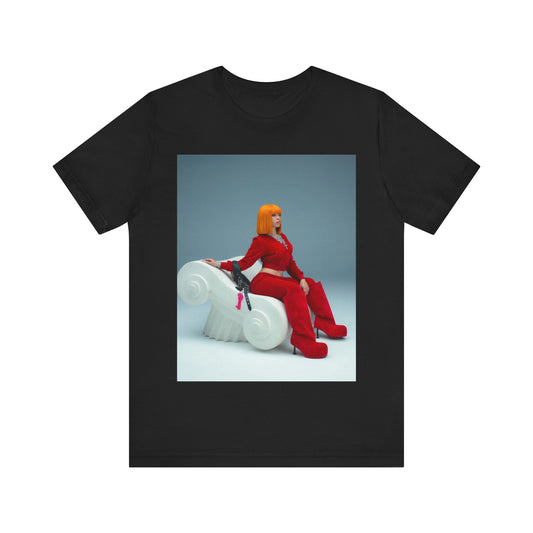 A black graphic t-shirt featuring a graphic of Ice Spice, designed with a rap aesthetic.