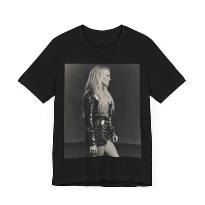 A black graphic t-shirt featuring a black and white photo of Carrie Underwood performing live on stage.
