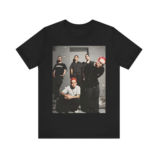 A black graphic t-shirt featuring a retro alt rock band graphic of Linkin Park.