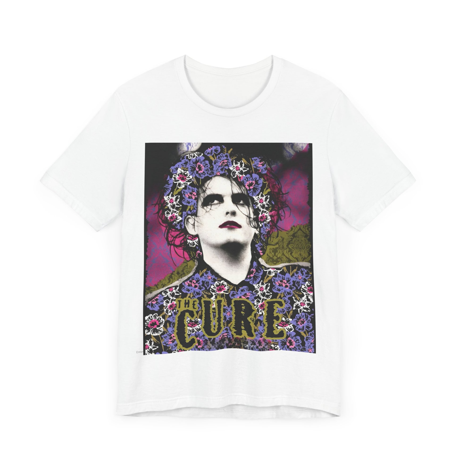 A black graphic t-shirt featuring a retro rock aesthetic pop art graphic of The Cure.