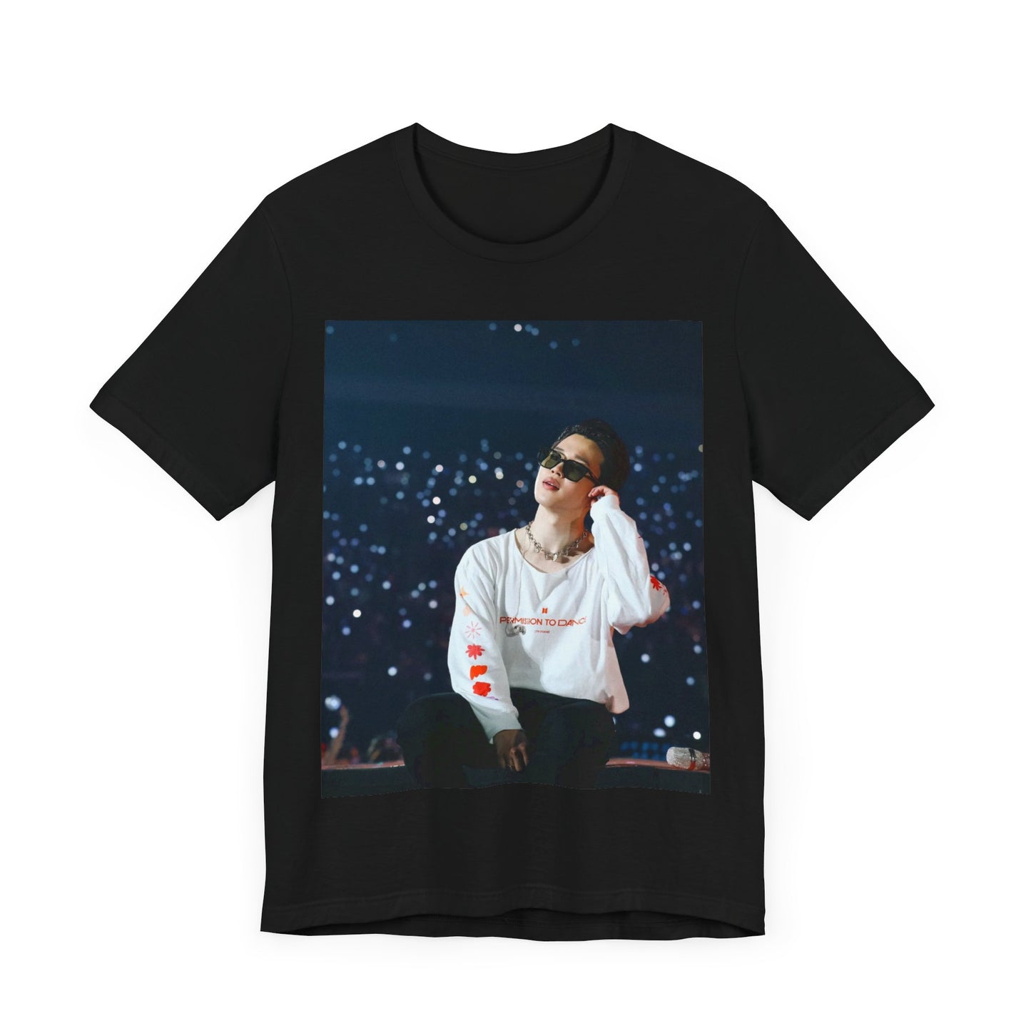 A black graphic t-shirt featuring a vintage aesthetic graphic related to Jimin's 'Lie' era.