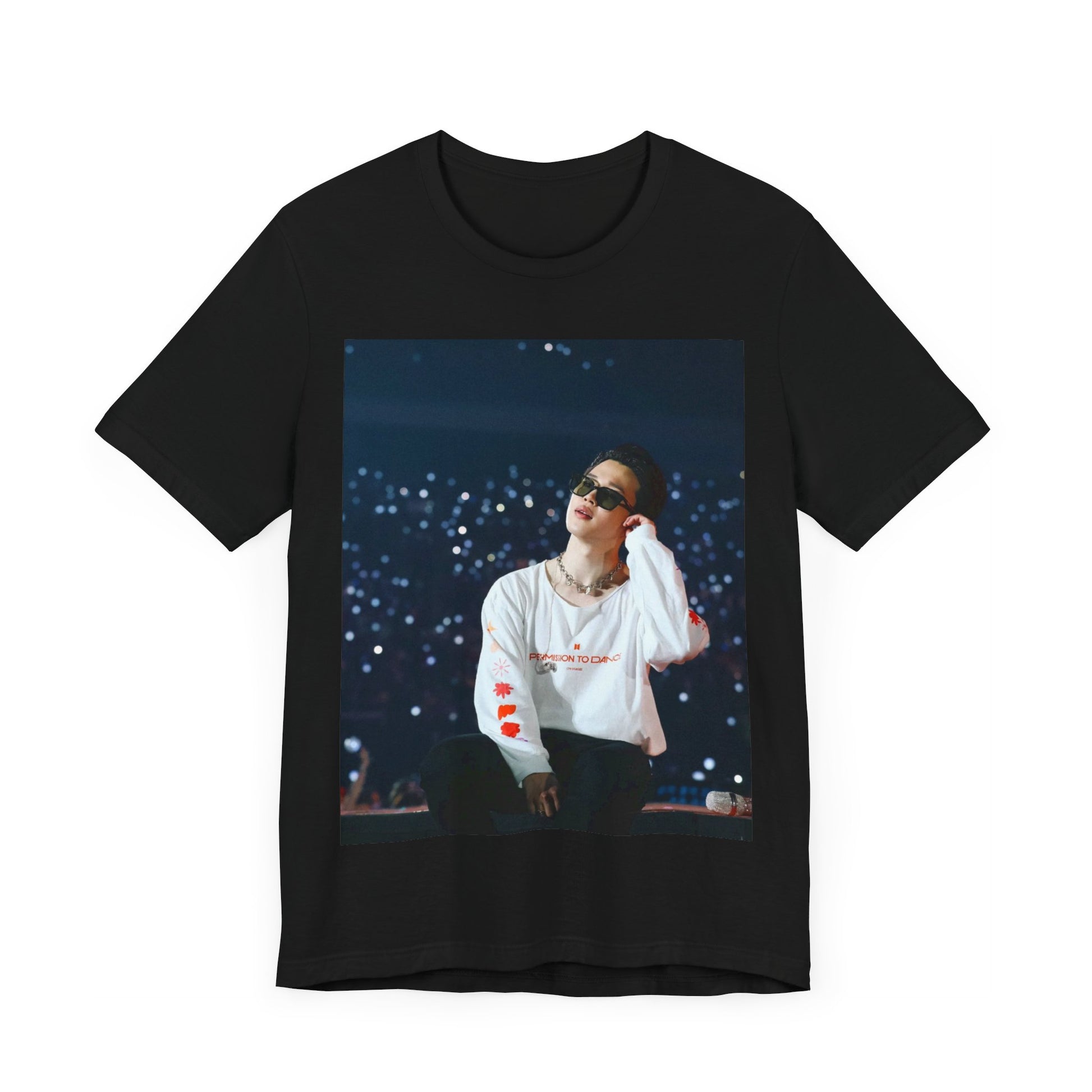 A black graphic t-shirt featuring a vintage aesthetic graphic related to Jimin's 'Lie' era.