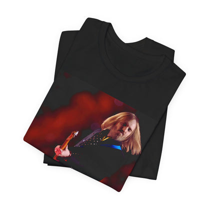 A black graphic t-shirt featuring a graphic or photo of Tom Petty as a powerhouse live performer.