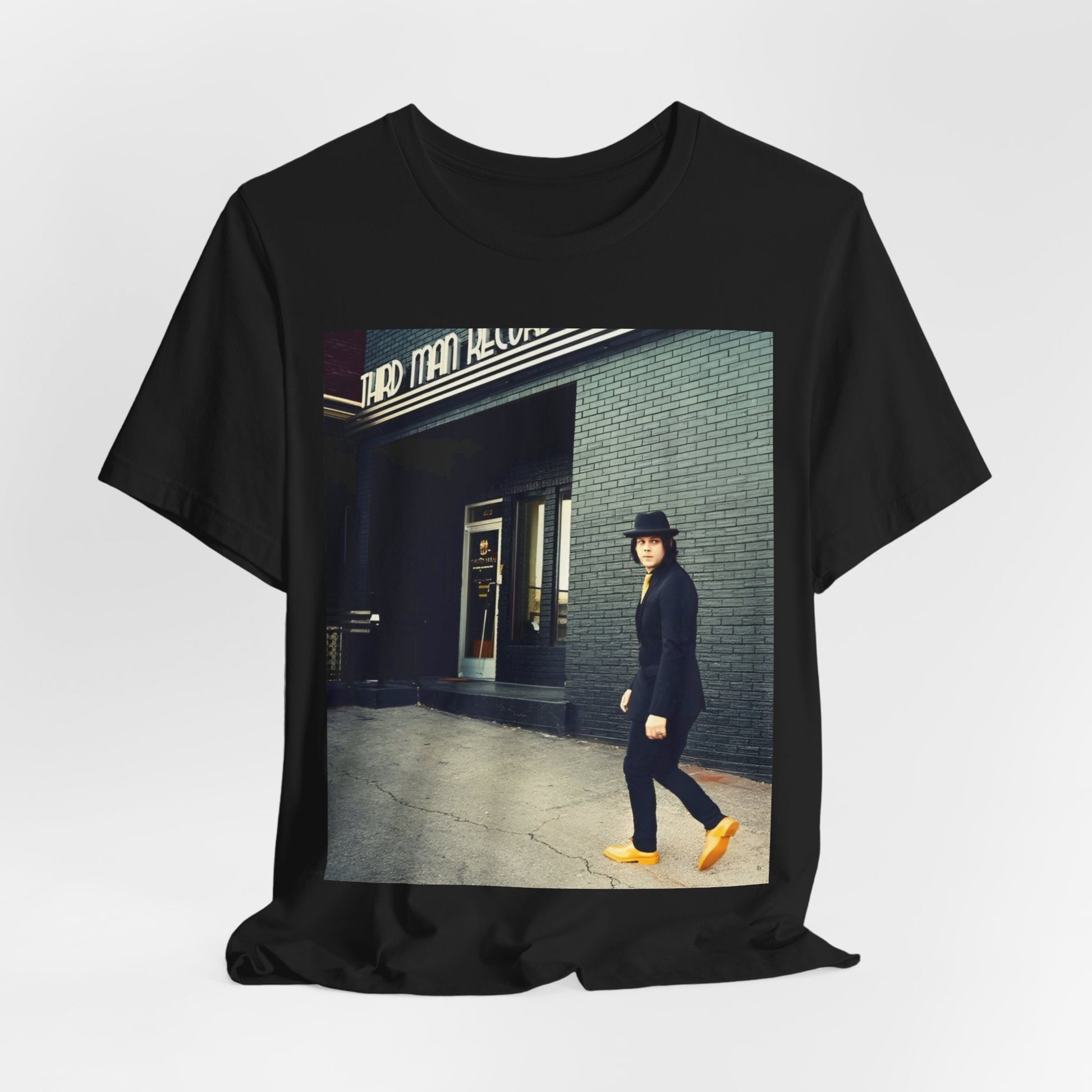 A black graphic t-shirt featuring a garage rock graphic of The White Stripes.