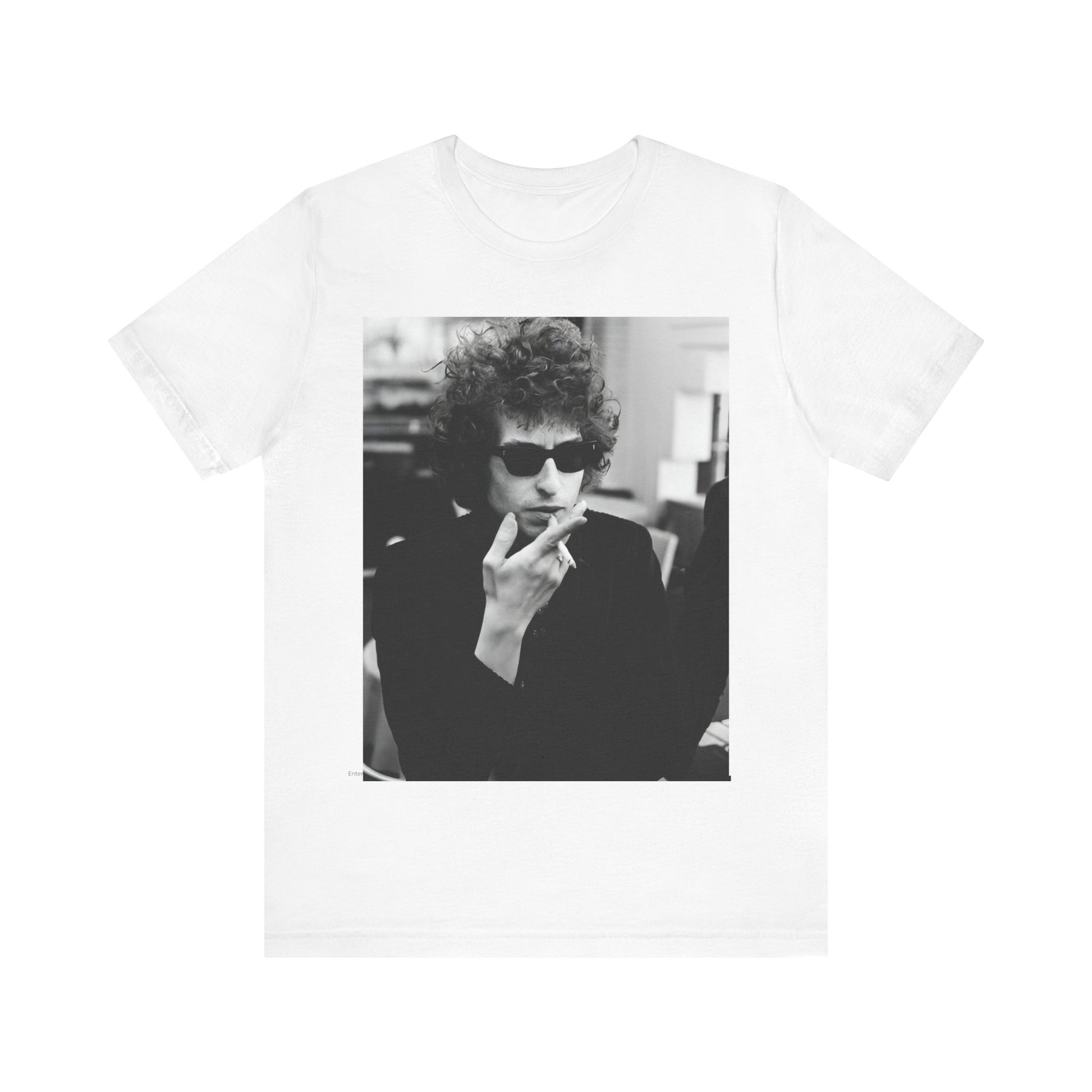 A black graphic t-shirt featuring a retro black and white graphic of Bob Dylan in a rebellious pose.