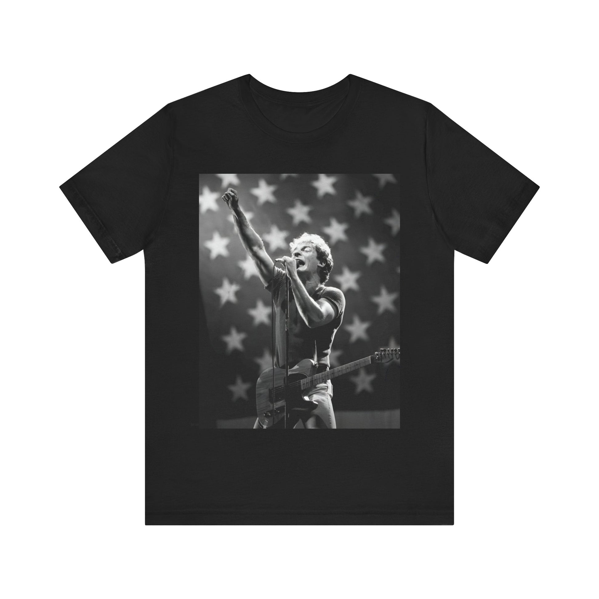 A black graphic t-shirt featuring a 70s era Americana-style graphic of Bruce Springsteen.